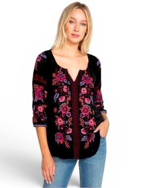 JOHNNY WAS Marcella Velvet Embroidered Tie Neck Peasant Blouse - XXL